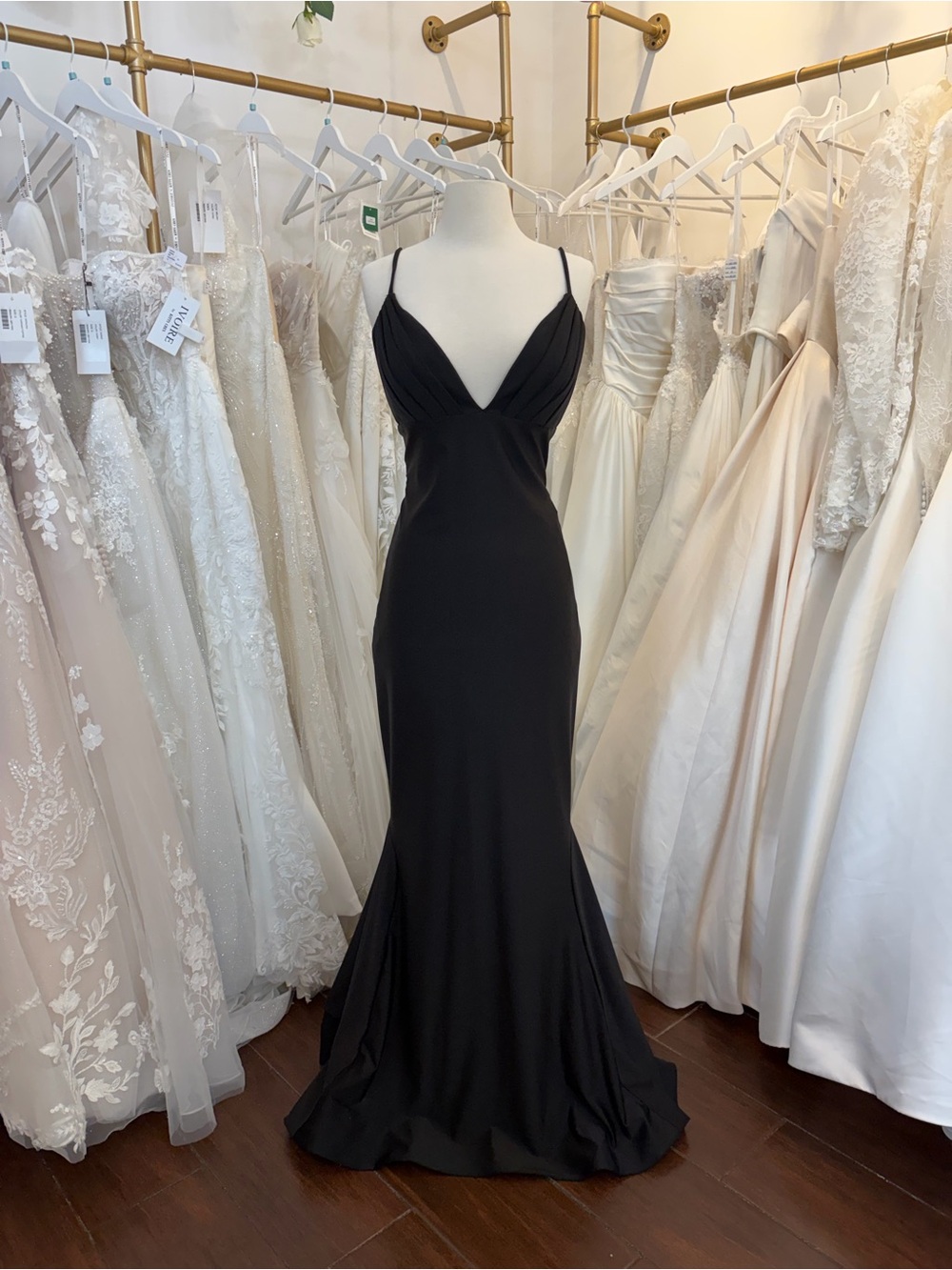 Bari Jay Black Spaghetti-Strap V-Neck Gown